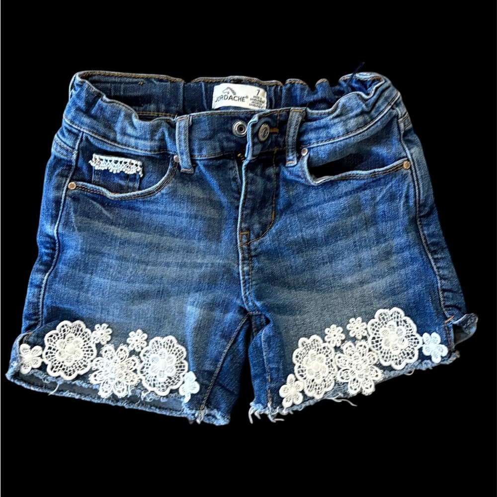 Girls Size 7 Blue Denim Shorts with White Lace Accents